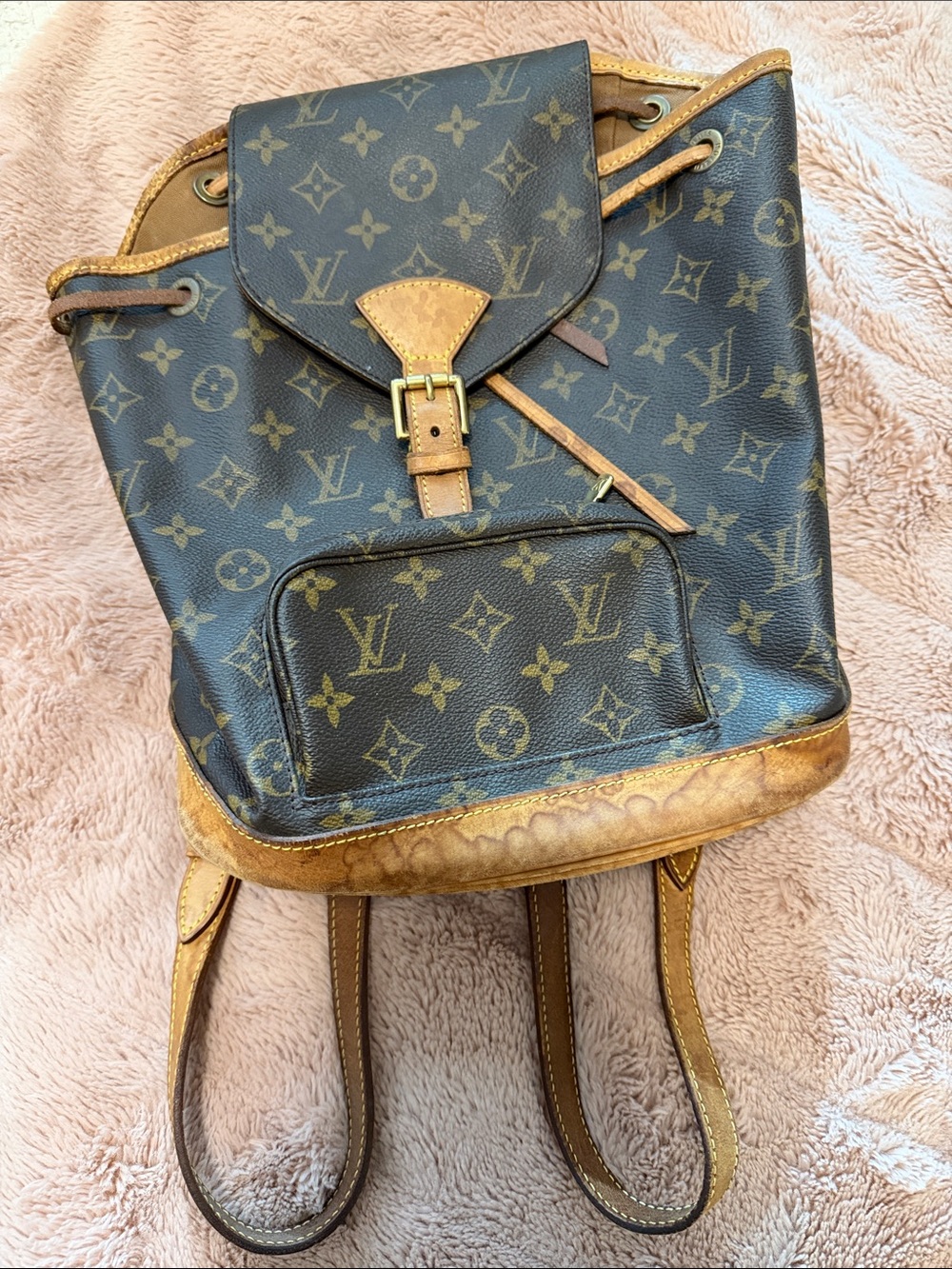 Louis Vuitton Monogram Drawstring Backpack in Brown and Tan Leather Trim